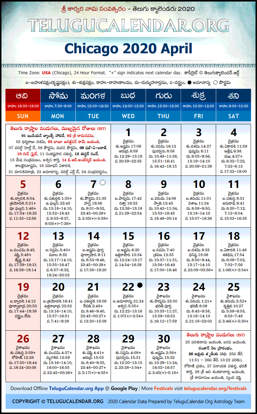 Telugu Calendar 2020 April, Chicago