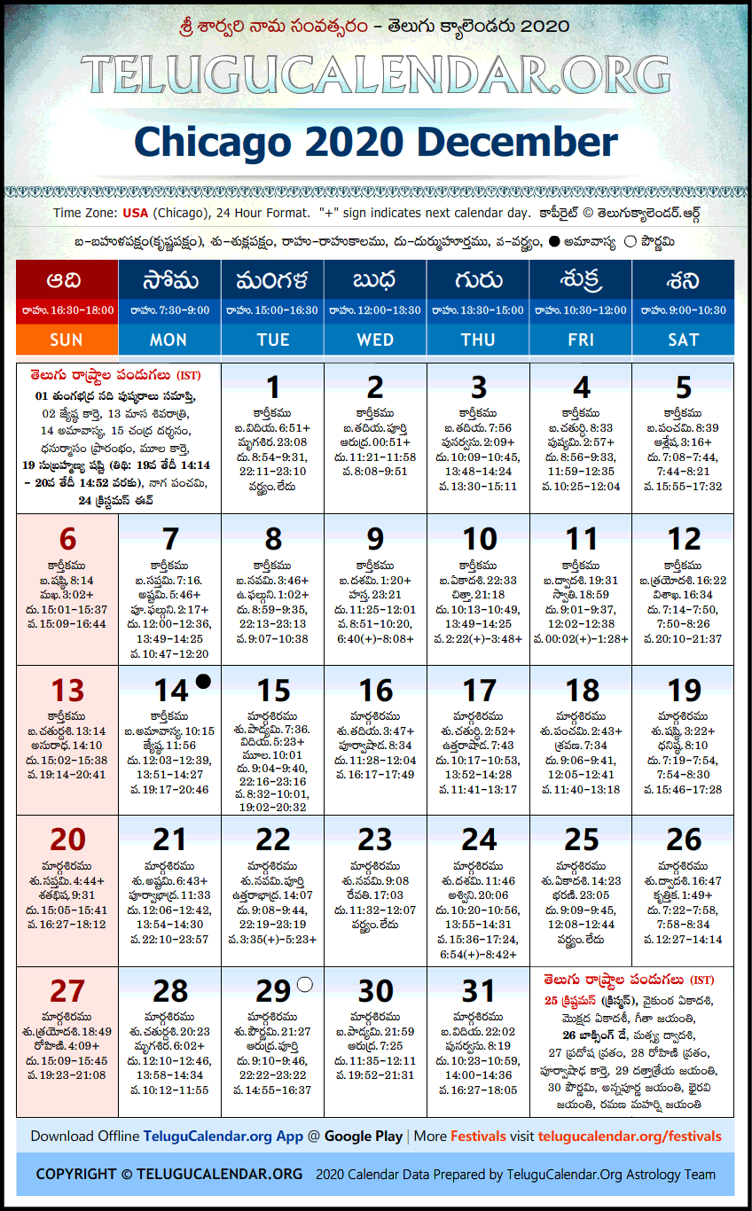 Telugu Calendar 2020 December, Chicago
