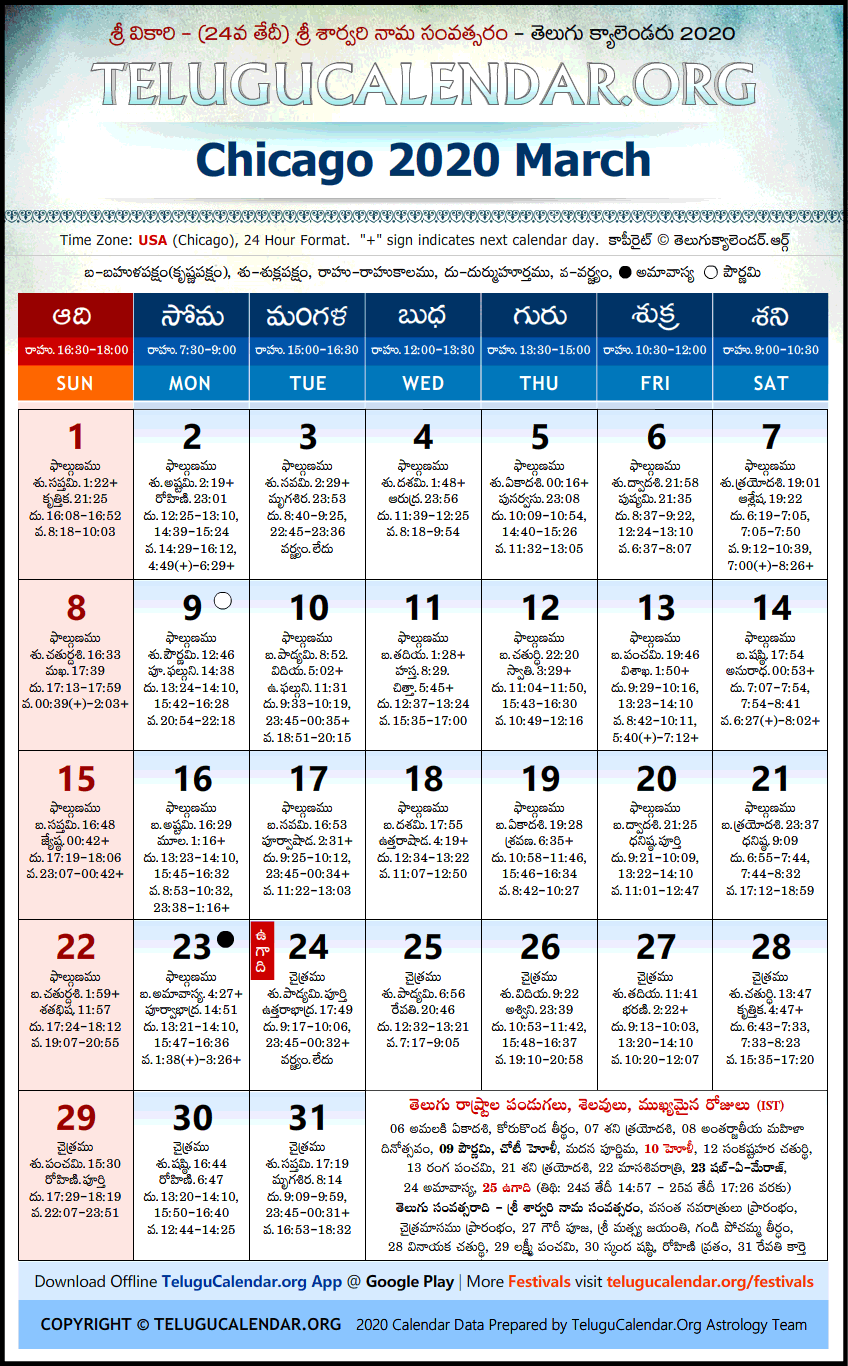 Telugu Calendar 2020 March, Chicago