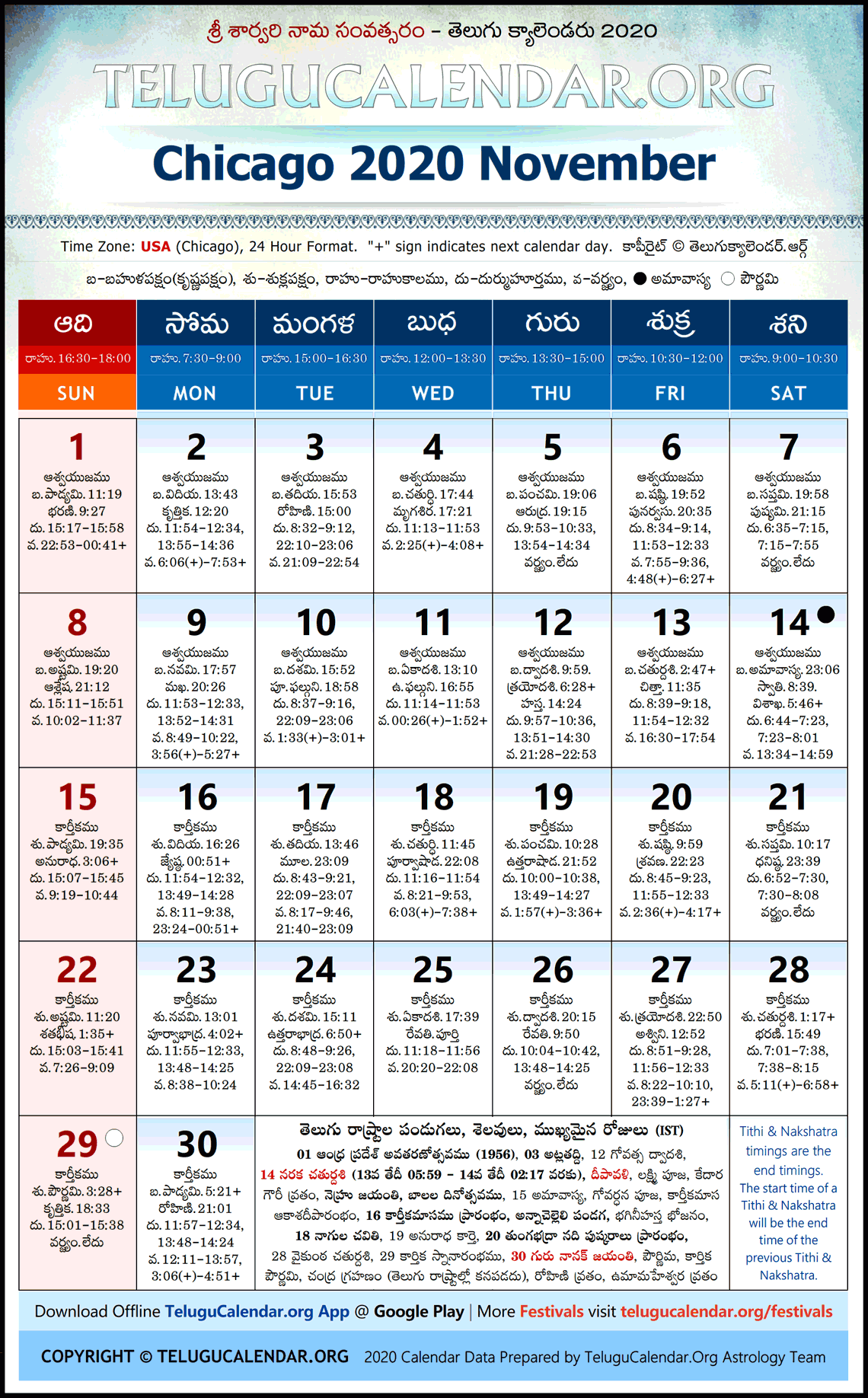 Chicago Telugu Calendar 2020 November High Resolution Download