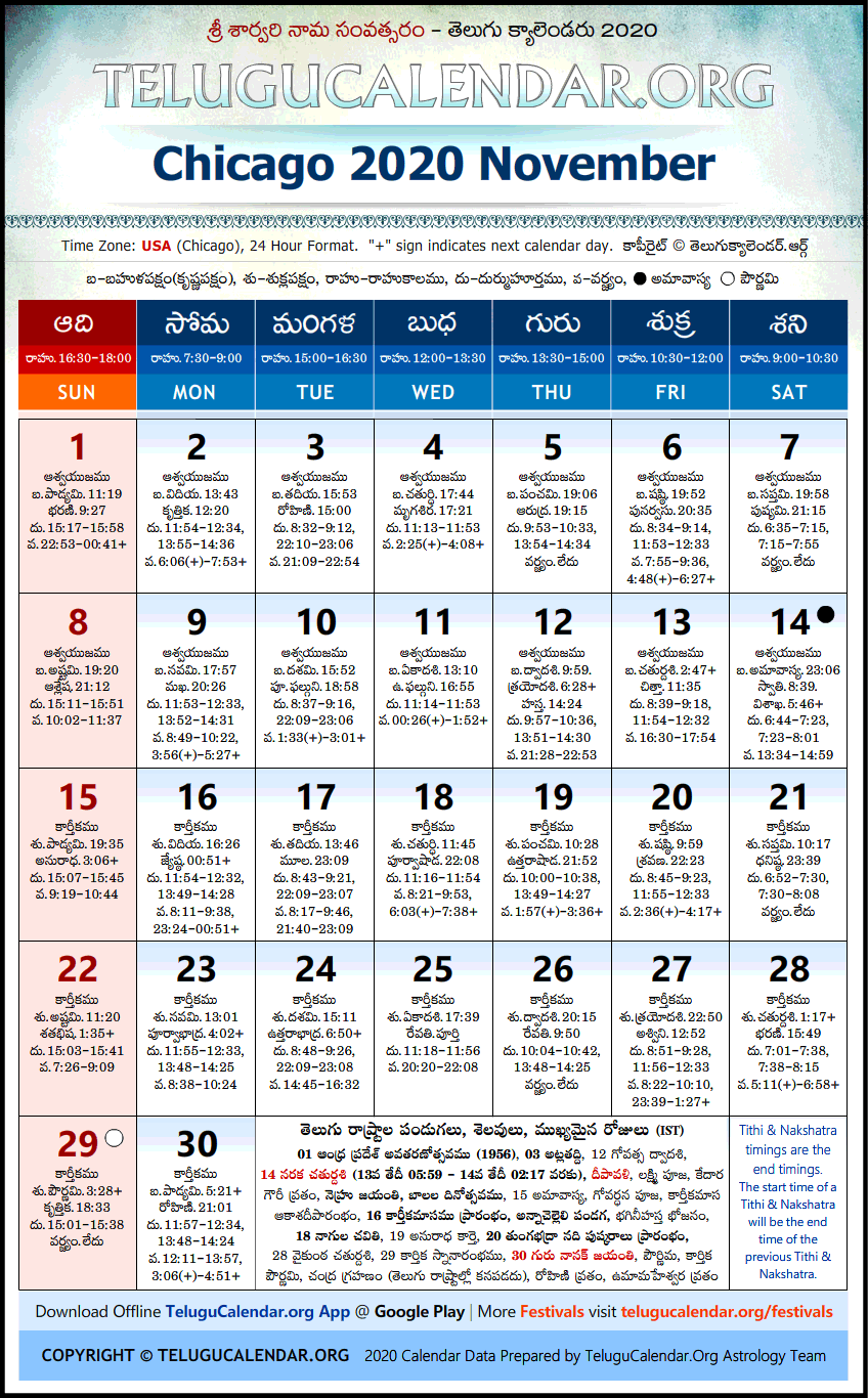 Telugu Calendar 2020 November, Chicago