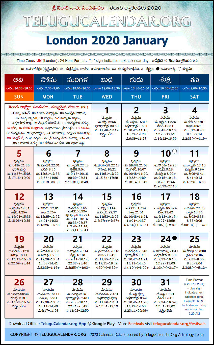 Telugu Calendar 2020 January, London
