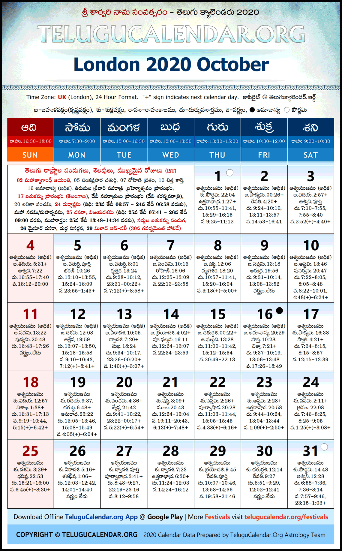 London Telugu Calendar 2020 October High Resolution Download