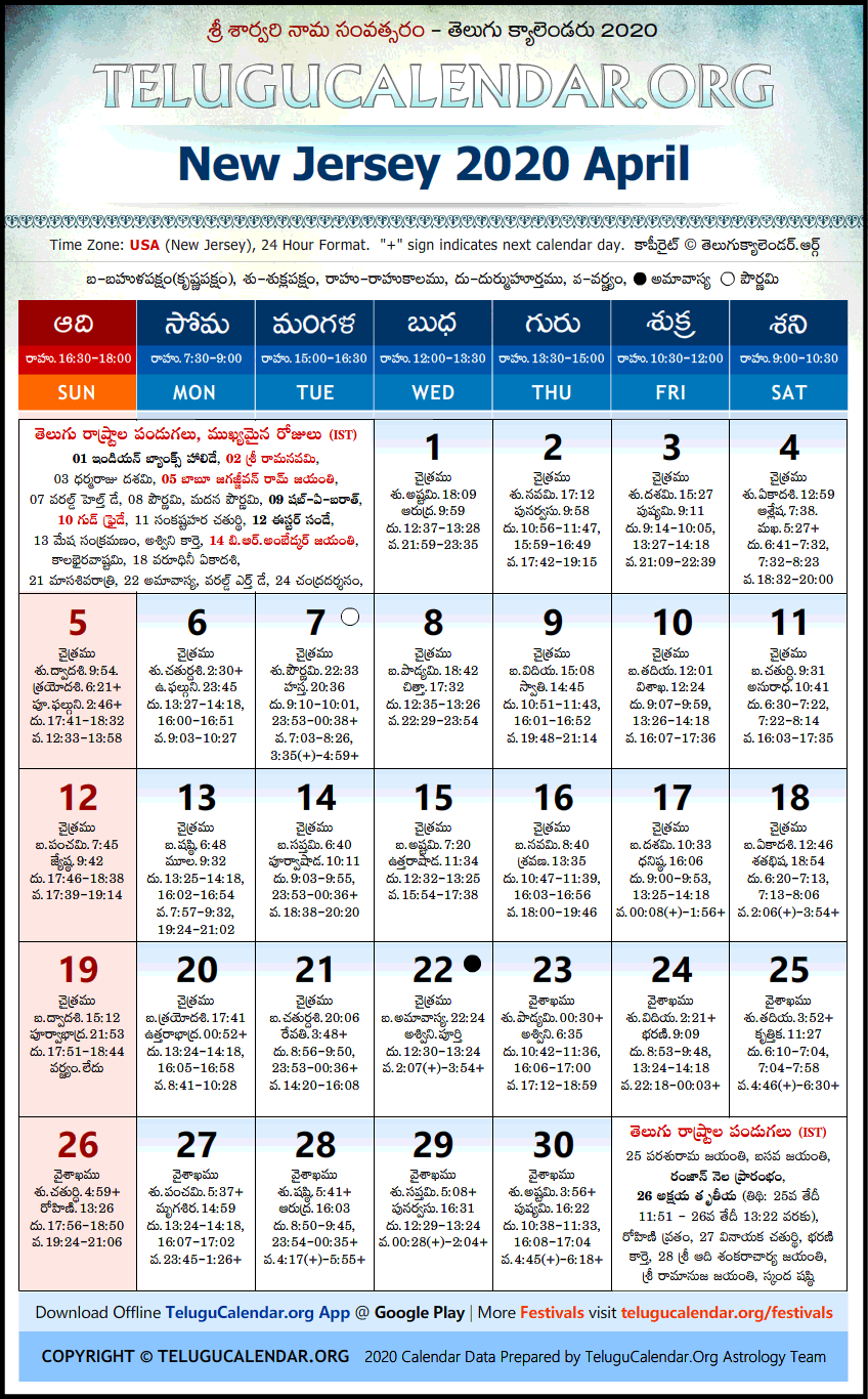 Telugu Calendar 2020 April, New Jersey