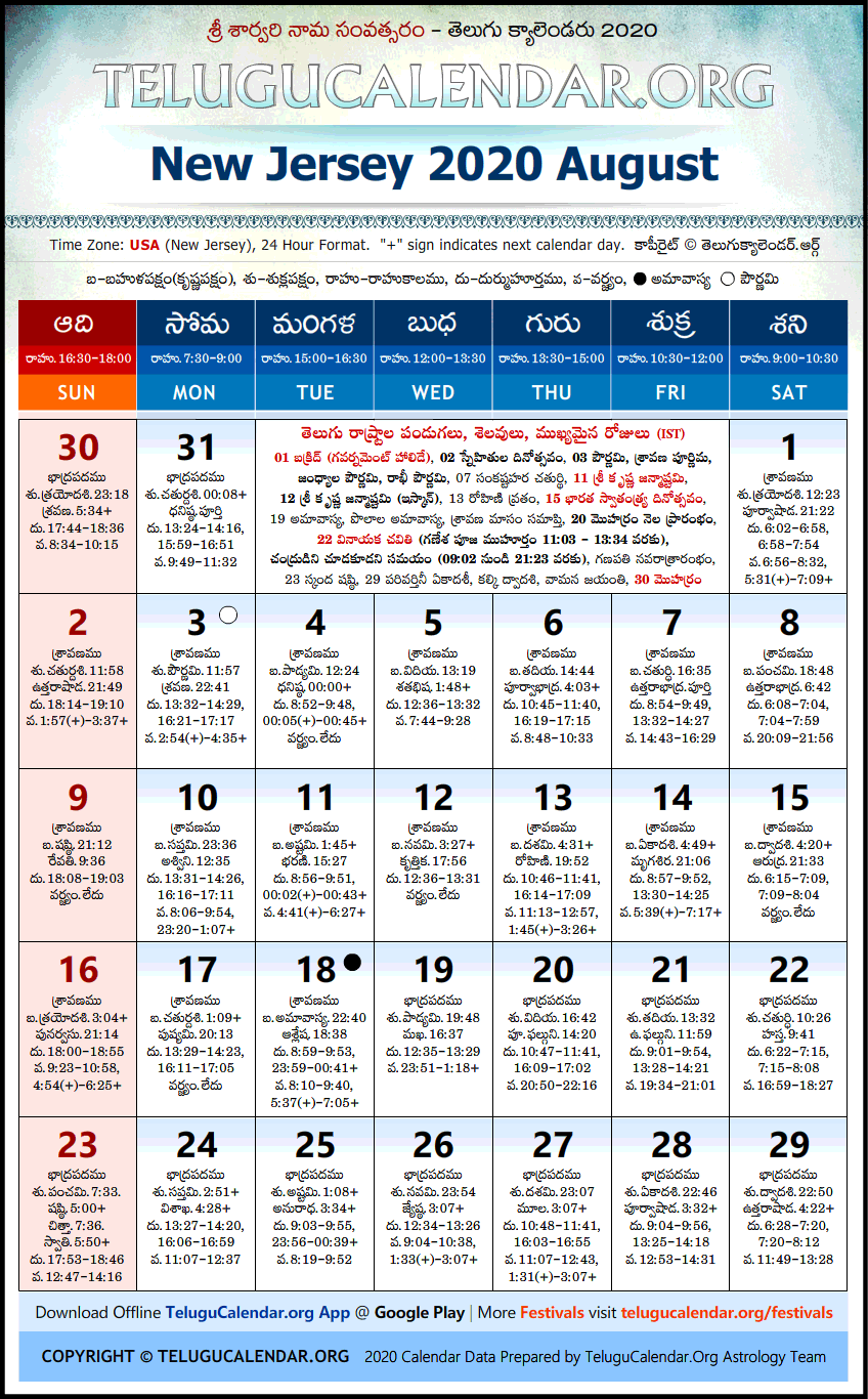 Telugu Calendar 2020 August, New Jersey