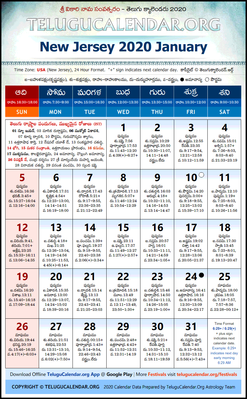 Telugu Calendar 2020 January, New Jersey