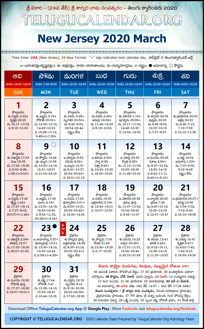 Telugu Calendar 2020 March, New Jersey