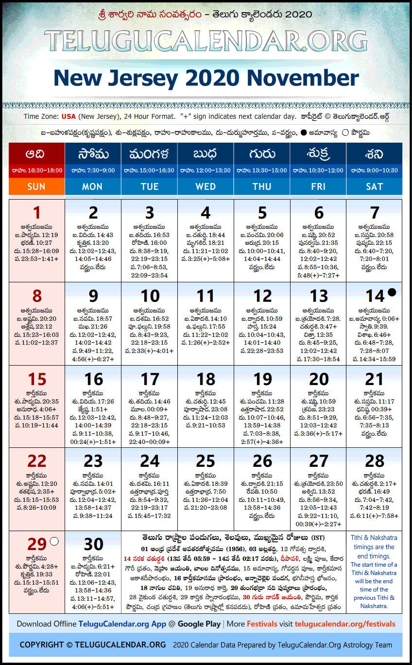 Telugu Calendar 2020 November, New Jersey