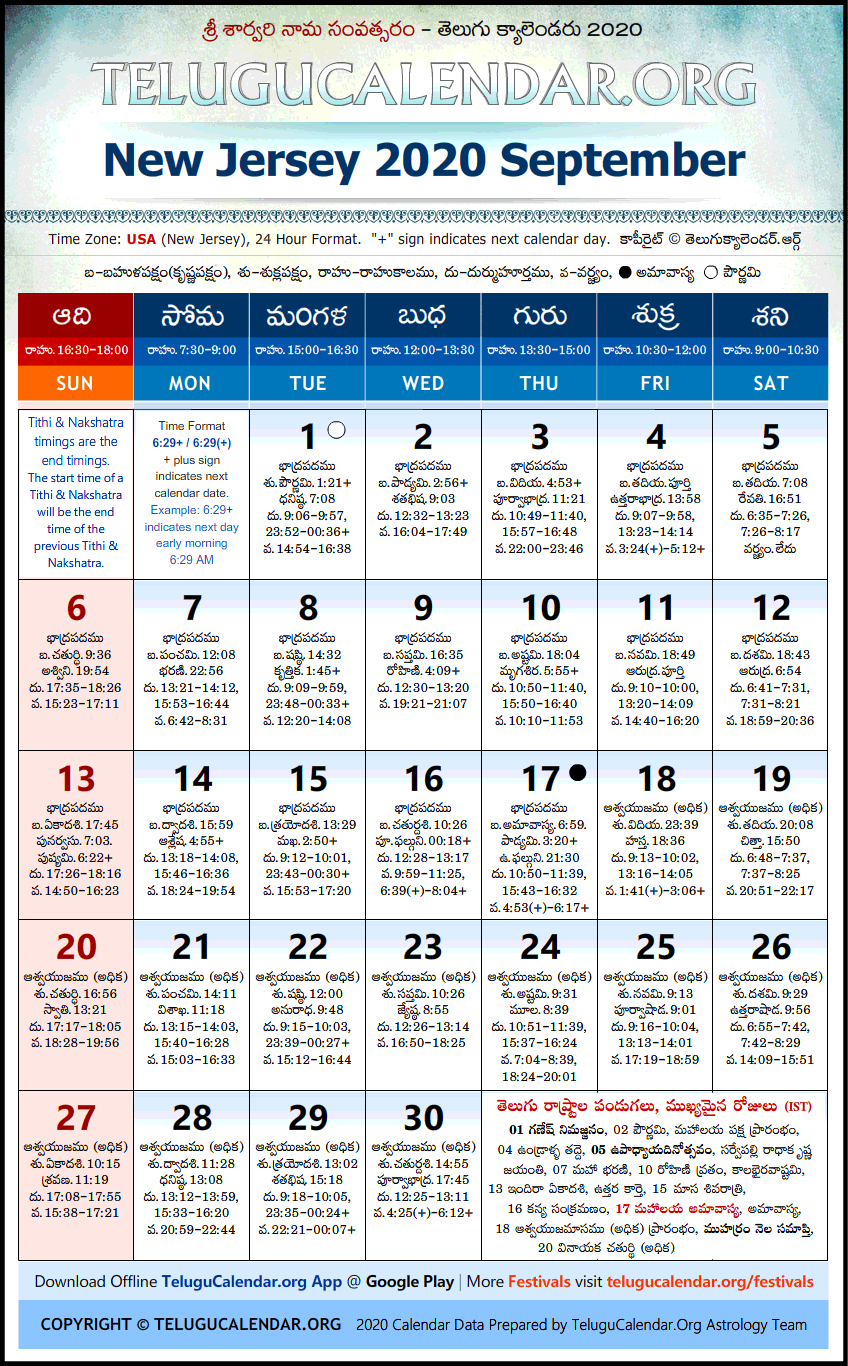Telugu Calendar 2020 September, New Jersey