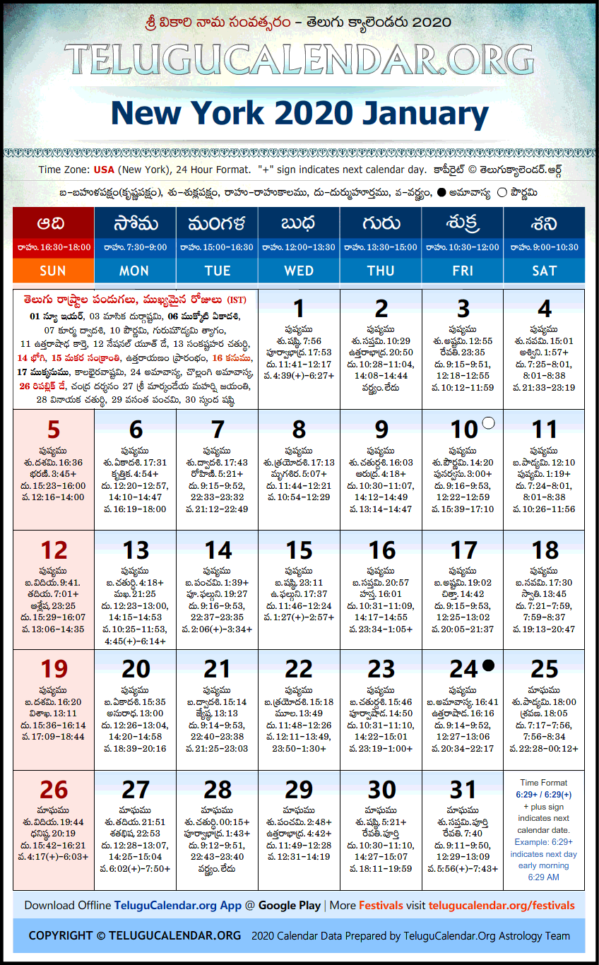 Telugu Calendar 2020 January, New York