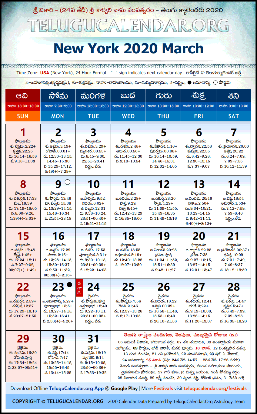 Telugu Calendar 2020 March, New York