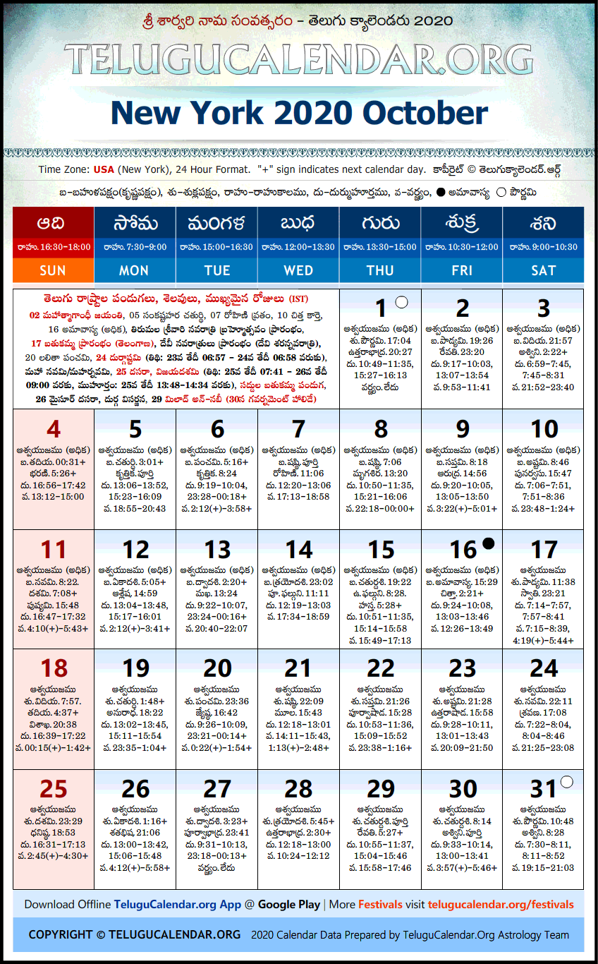 Telugu Calendar 2020 October, New York