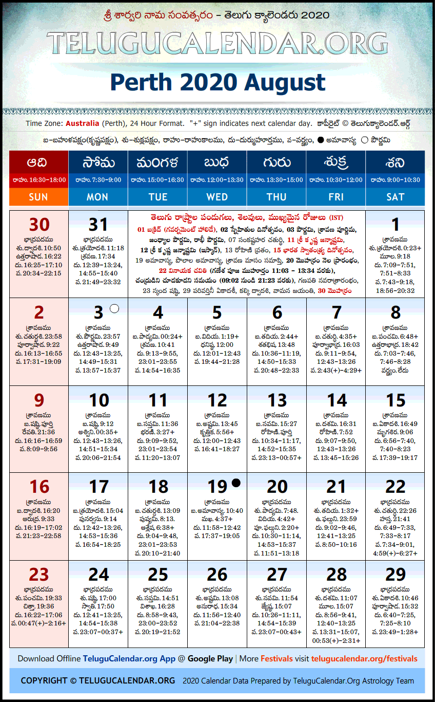 Telugu Calendar 2020 August, Perth