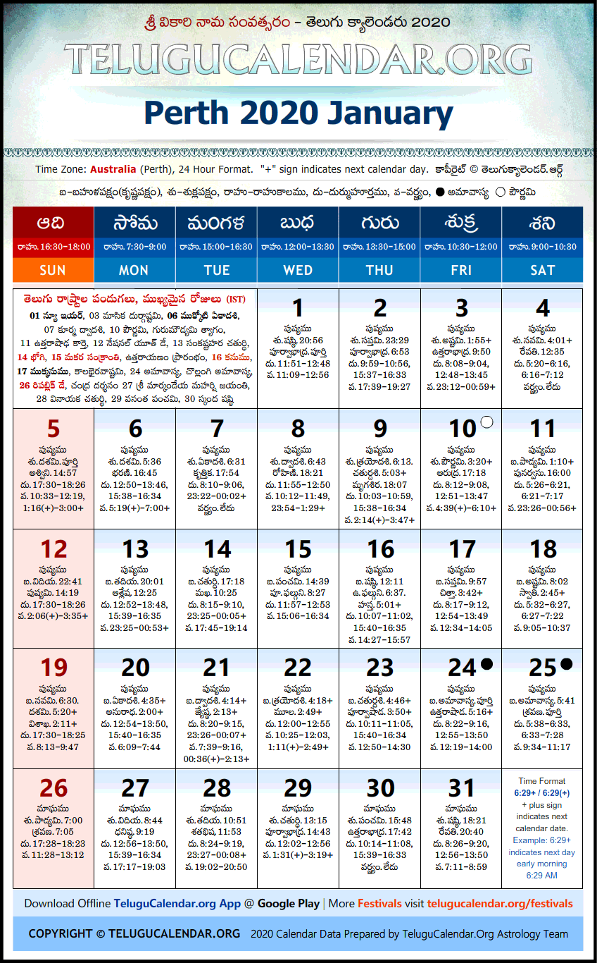 Telugu Calendar 2020 January, Perth