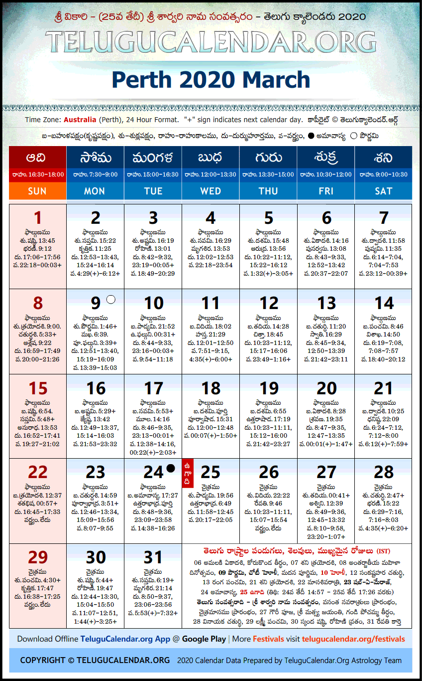 Telugu Calendar 2020 March, Perth