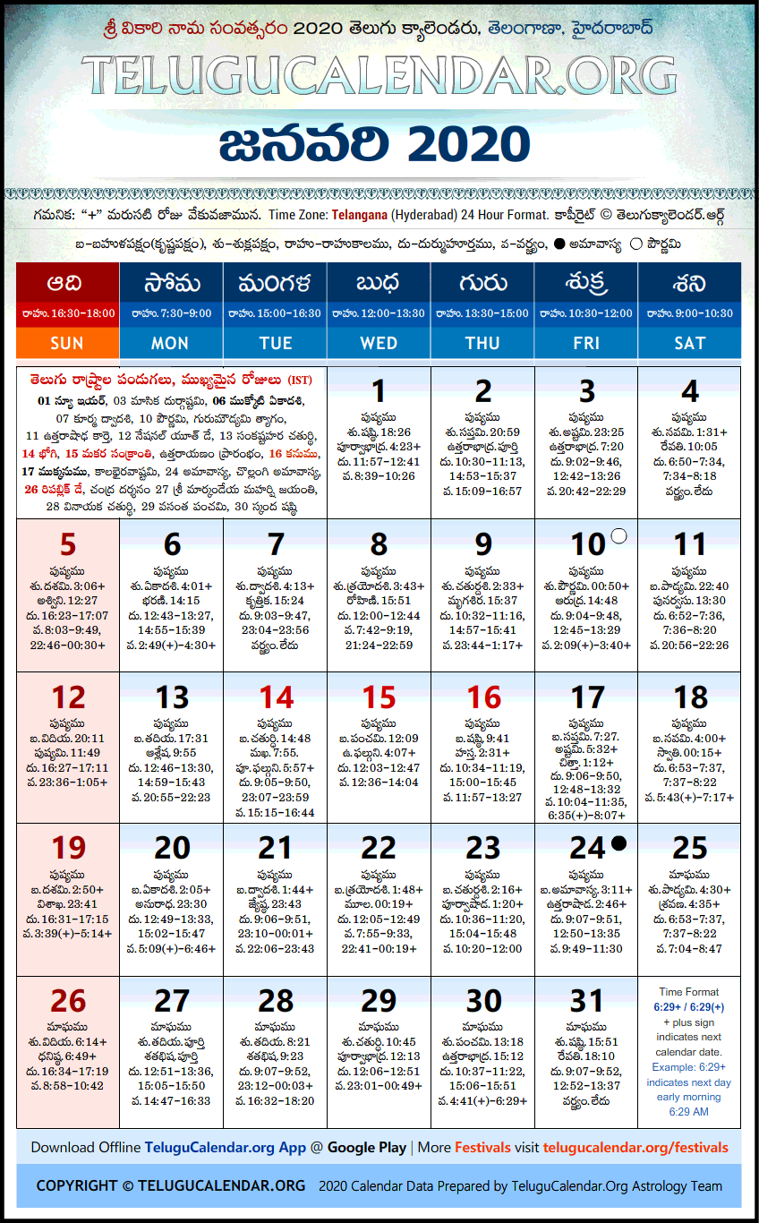 Telugu Calendar 2020 January, Telangana