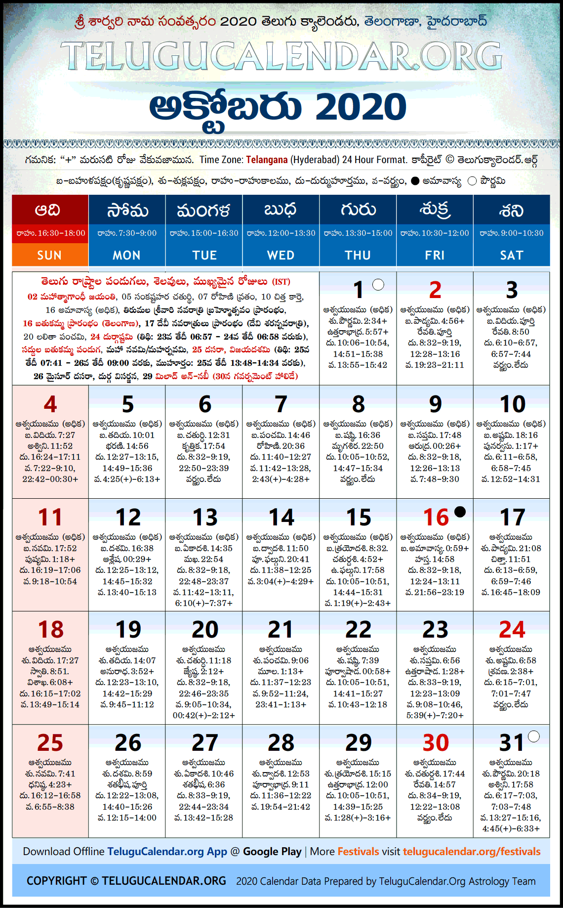 Telangana Telugu Calendar 2020 October High Resolution Download