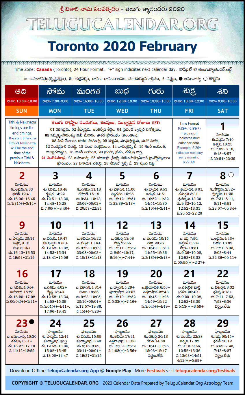 Telugu Calendar 2020 February, Toronto