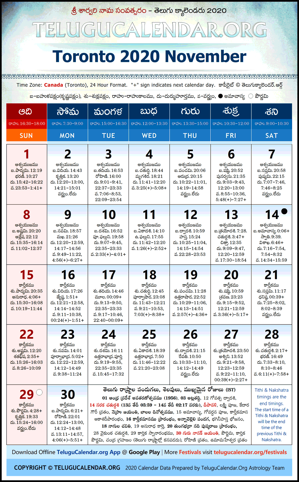 Toronto Telugu Calendar 2020 November High Resolution Download