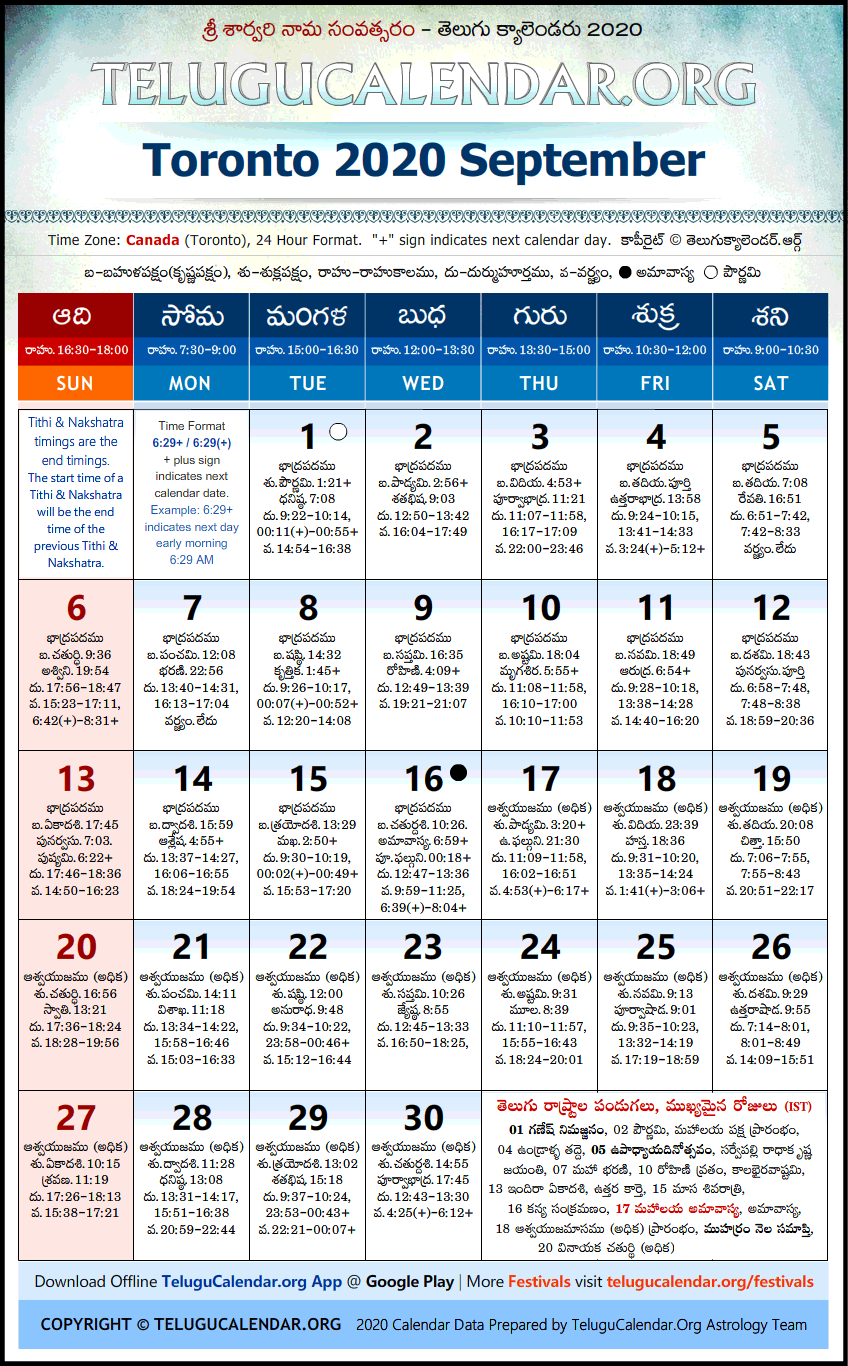 Telugu Calendar 2020 September, Toronto