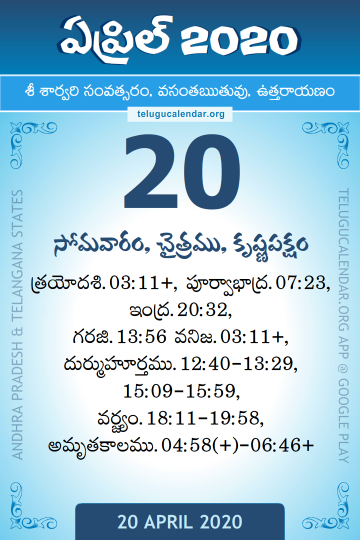 20 April 2020 Telugu Calendar