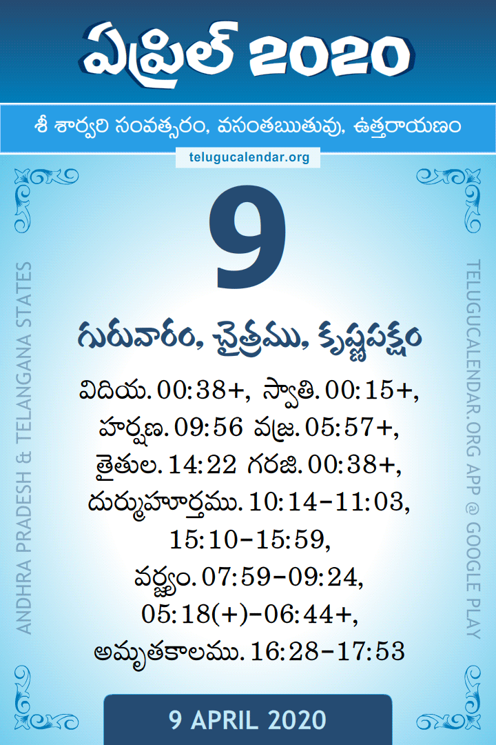 9 April 2020 Telugu Calendar