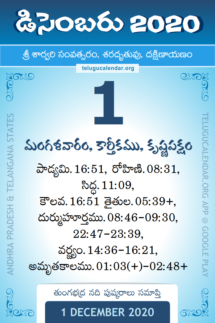 1 December 2020 Telugu Calendar