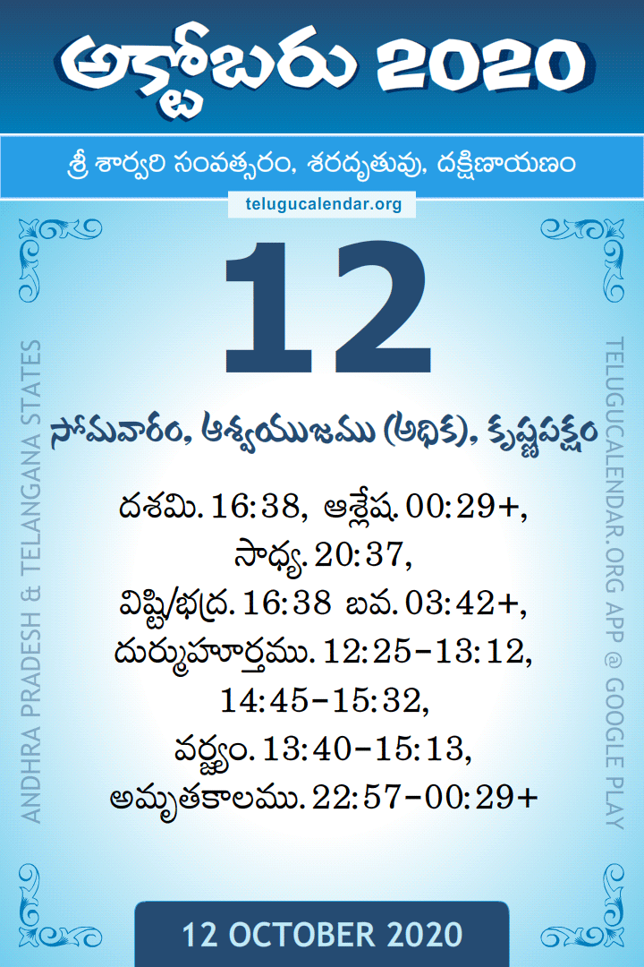 12 October 2020 Telugu Calendar