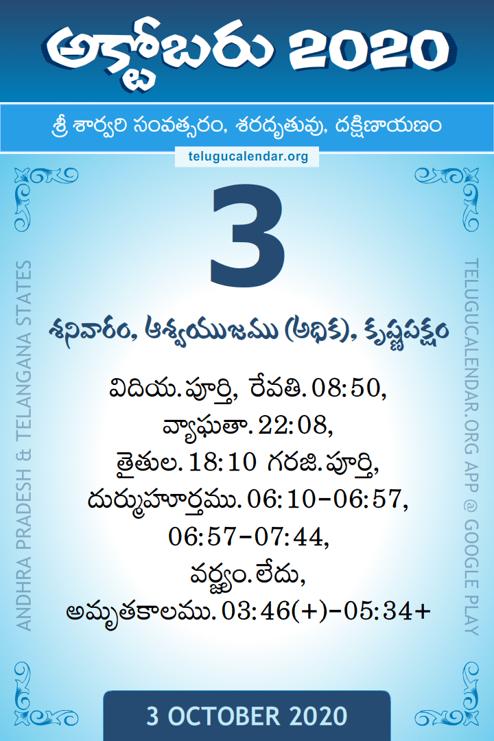 3 October 2020 Telugu Calendar