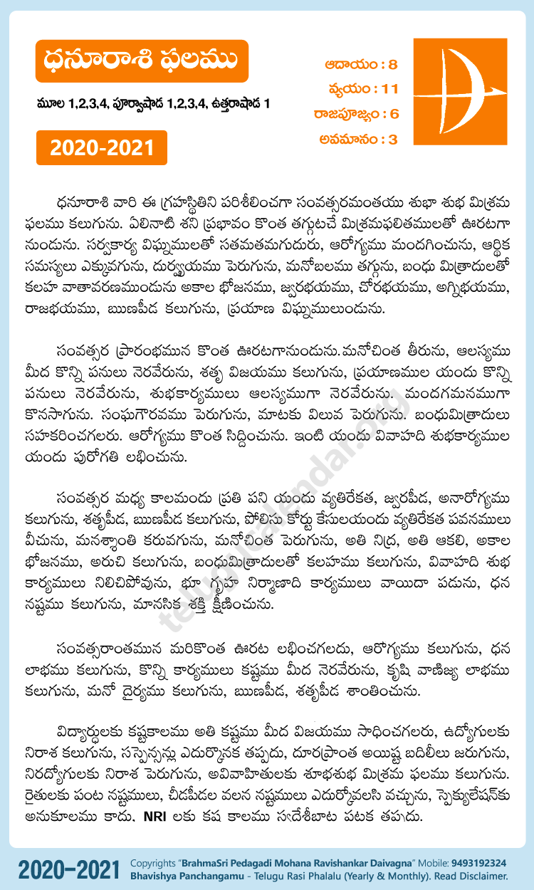 Telugu Dhannus (Sagittarius) Rasi Phalalu 2020-2021