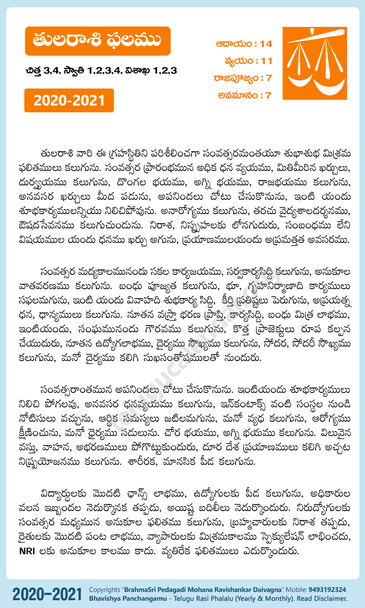 Telugu Tula (Libra) Rasi Phalalu 2020-2021