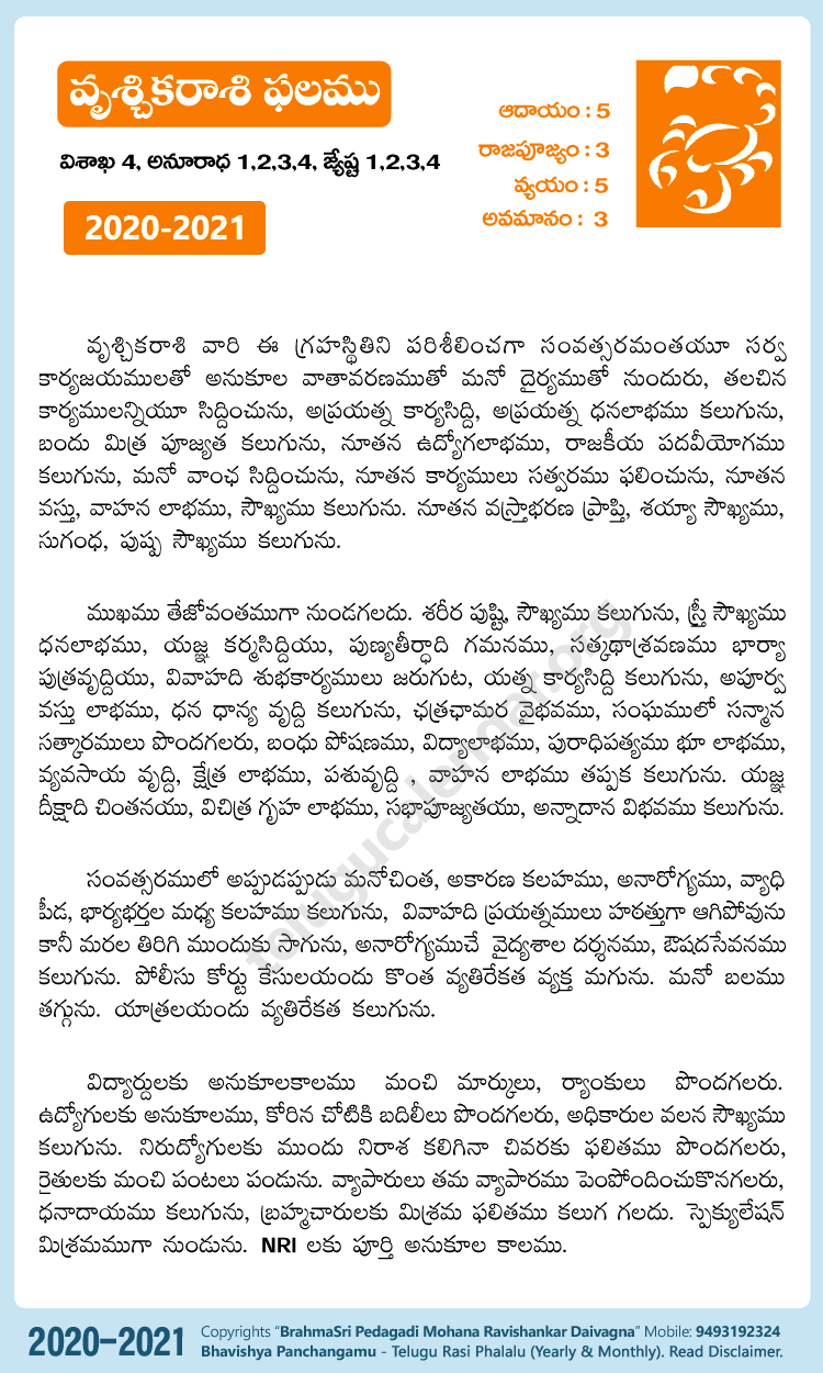 Telugu Vruschika (Scorpion) Rasi Phalalu 2020-2021