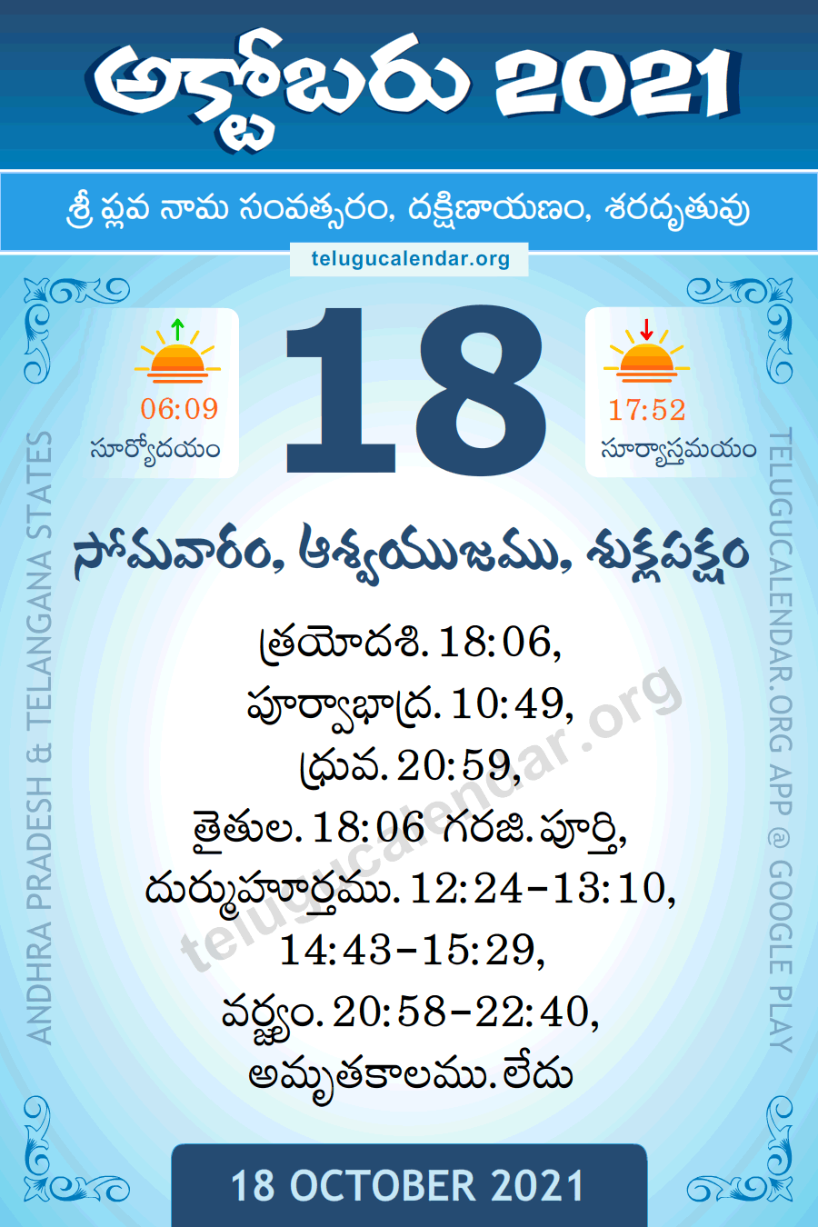 18 October 2021 Panchangam in Telugu