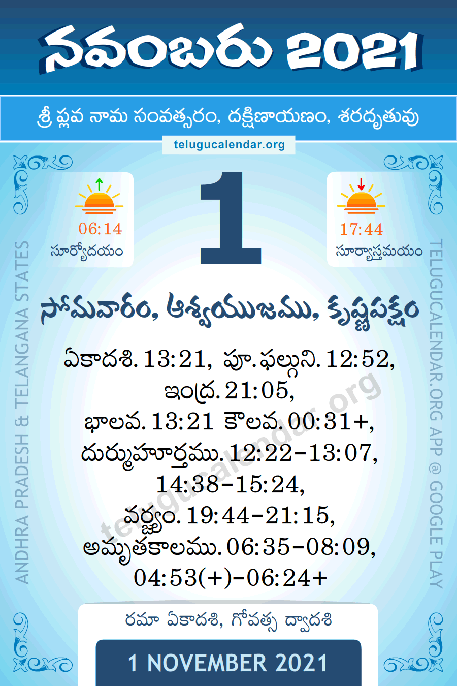 1 November 2021 Panchangam in Telugu