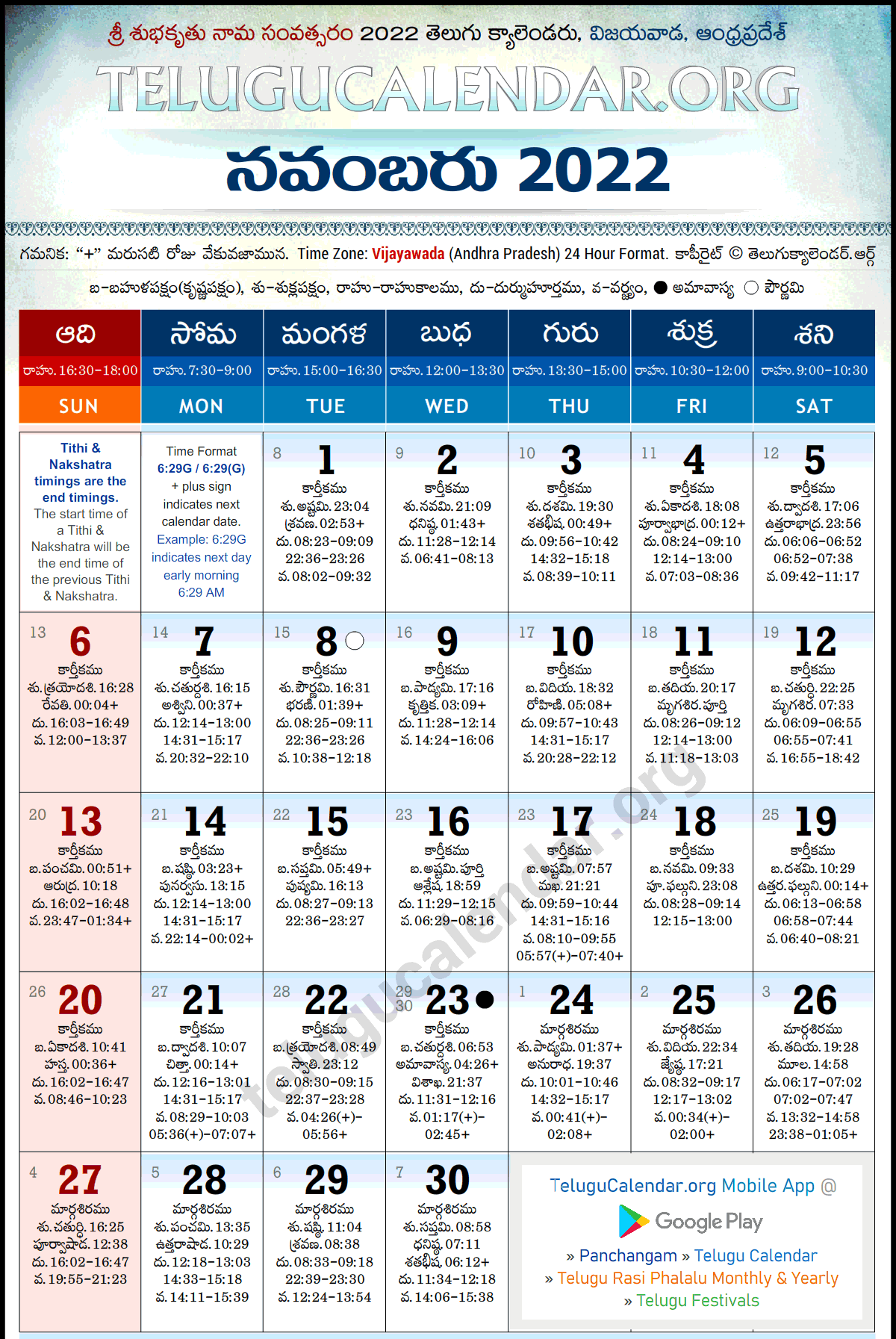 Andhra Pradesh 2022 November Telugu Calendar Festivals Amavasya 