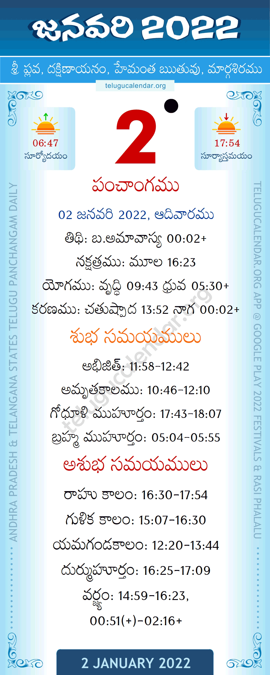 2 January 2022 Panchangam in Telugu