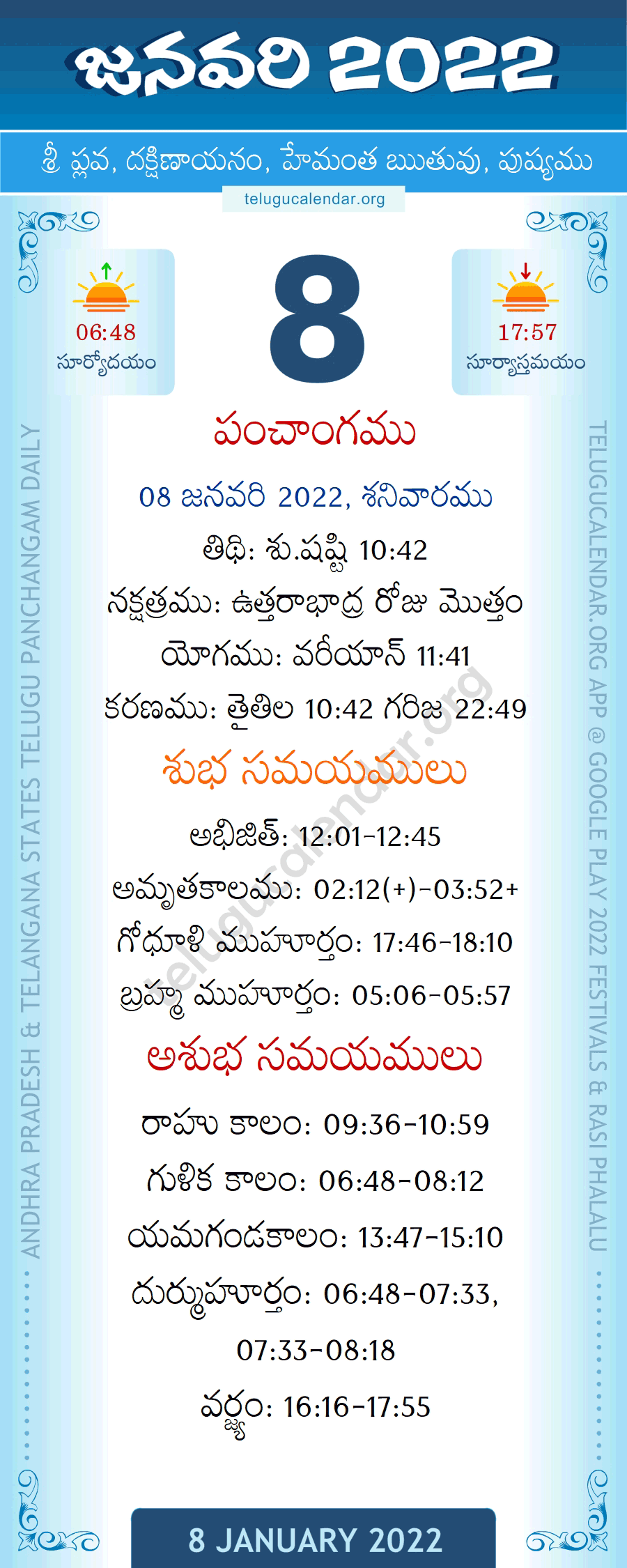 8 January 2022 Panchangam in Telugu