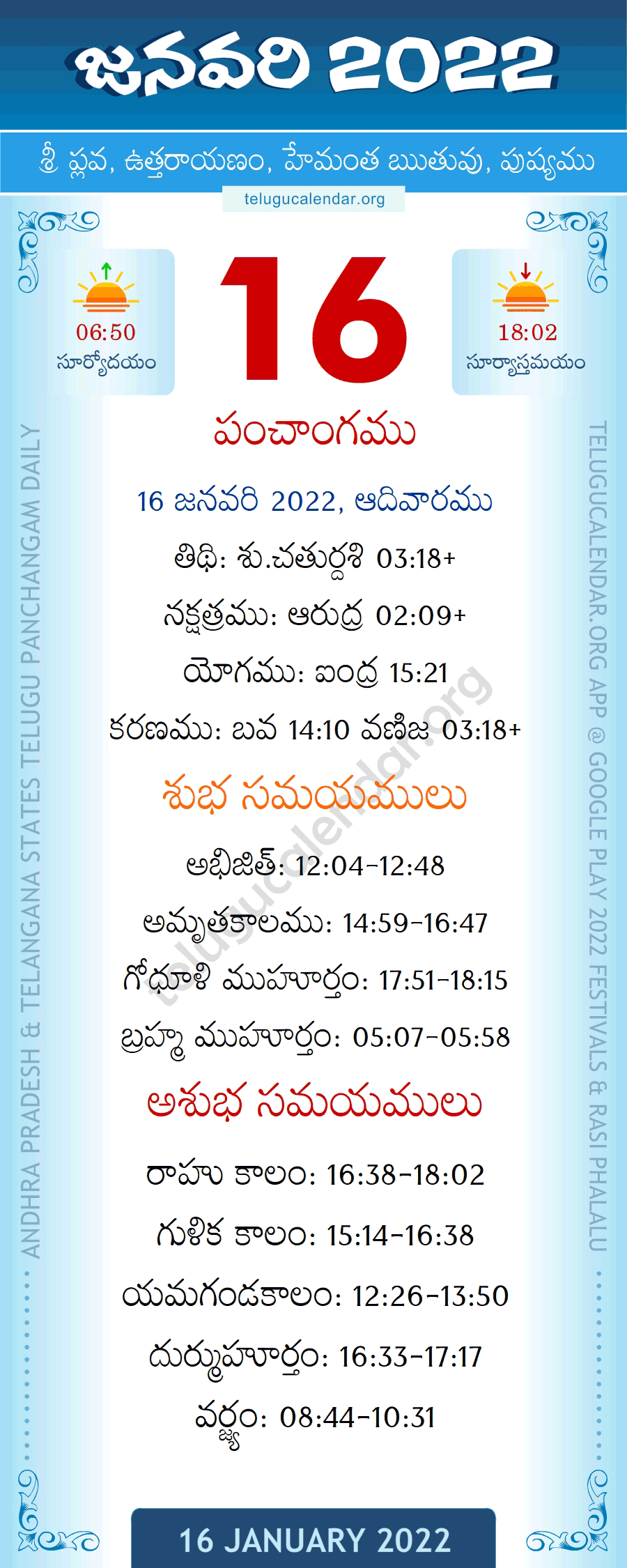 16 January 2022 Panchangam in Telugu