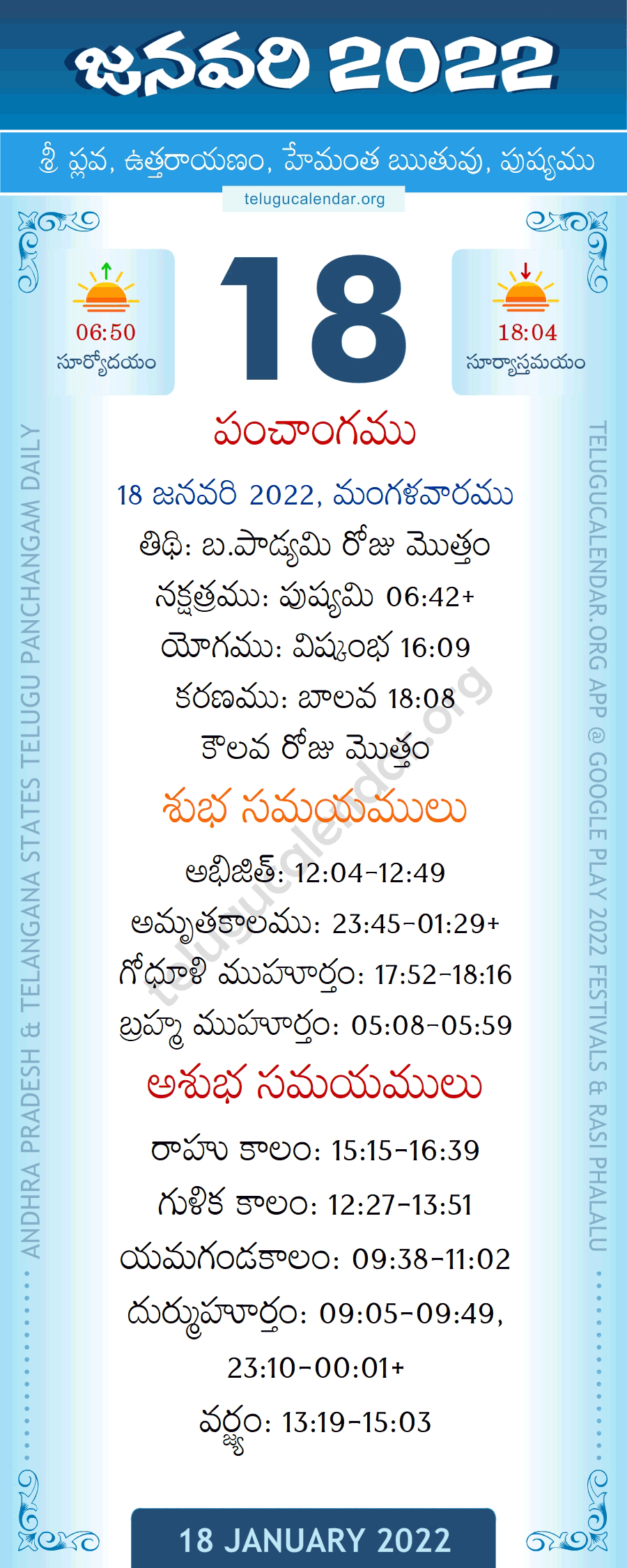 18 January 2022 Panchangam in Telugu