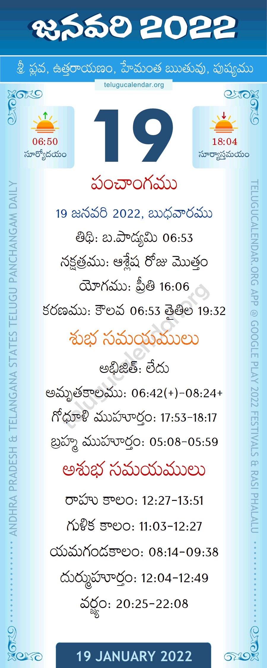 19 January 2022 Panchangam in Telugu