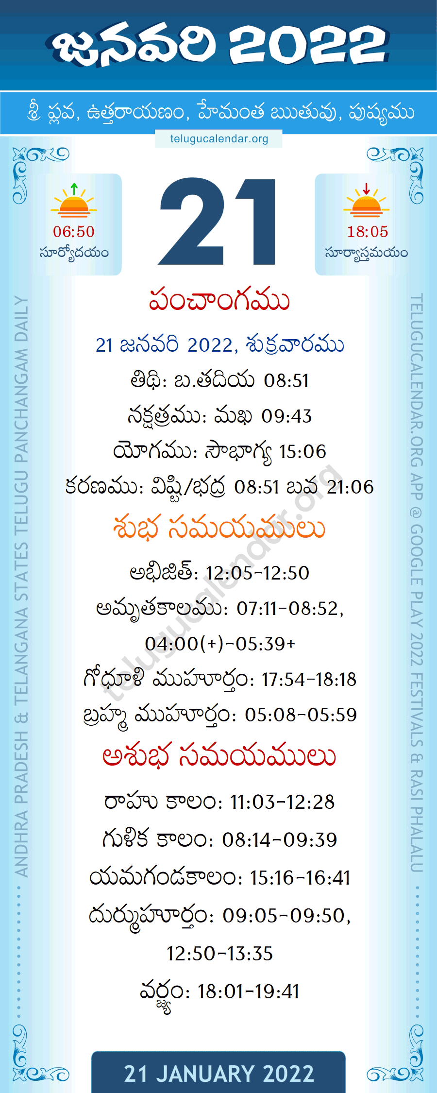 21 January 2022 Panchangam in Telugu