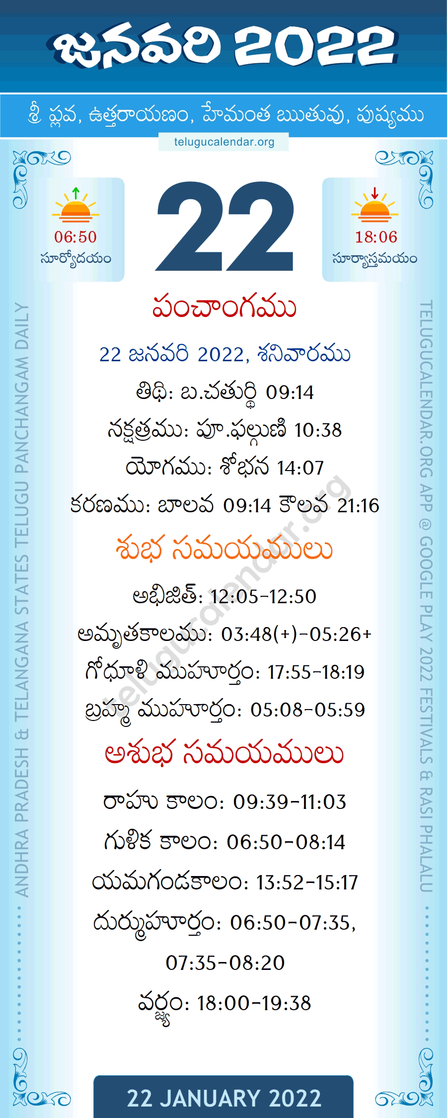 22 January 2022 Panchangam in Telugu