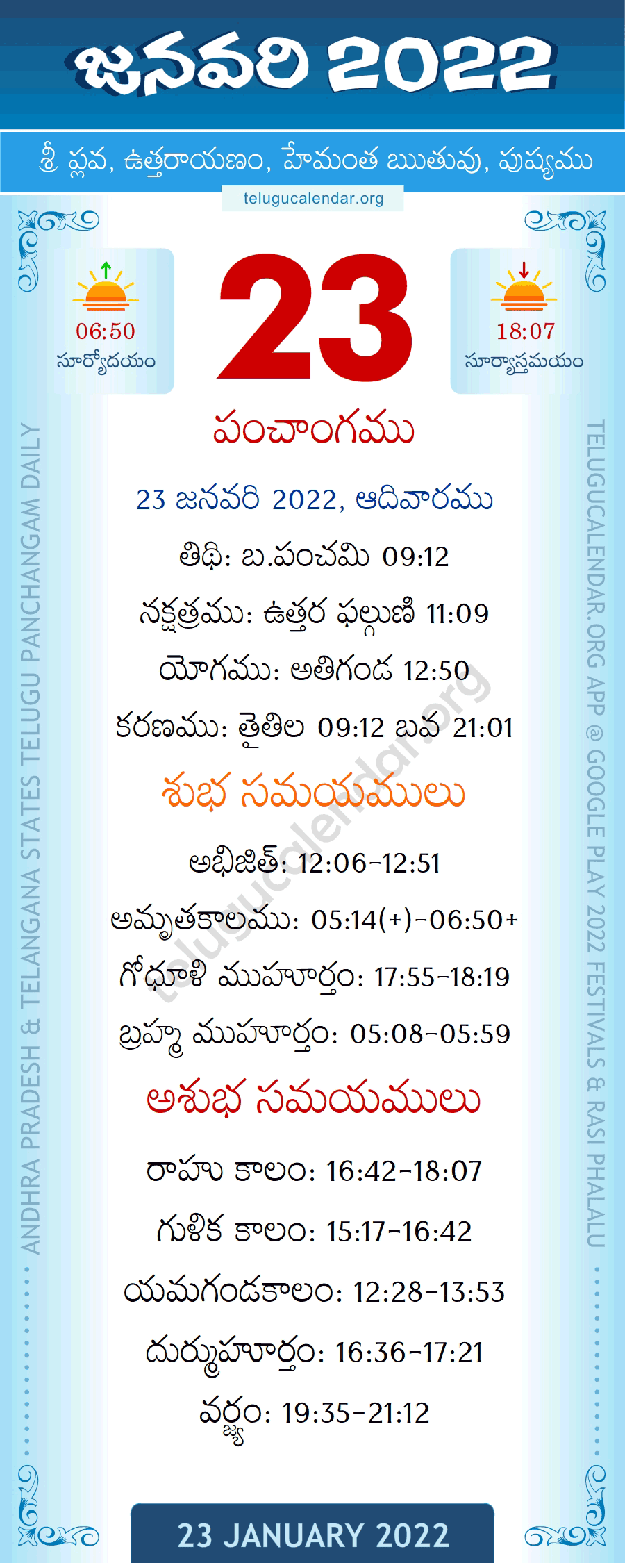 23 January 2022 Panchangam in Telugu