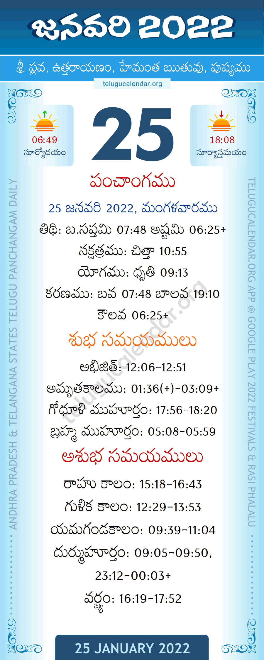 25 January 2022 Panchangam in Telugu