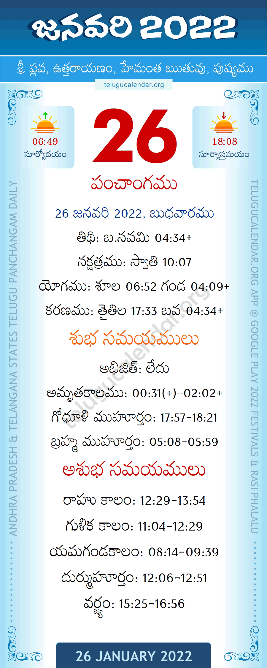 26 January 2022 Panchangam in Telugu