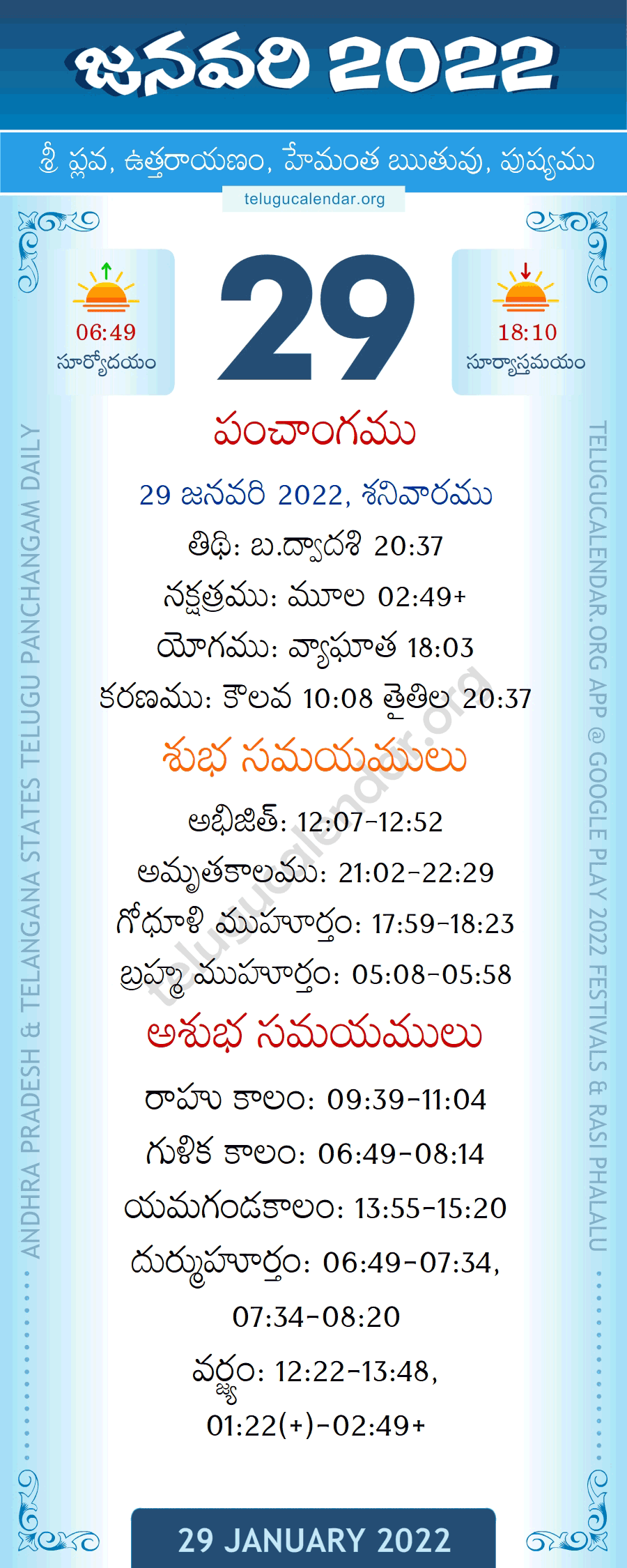29 January 2022 Panchangam in Telugu