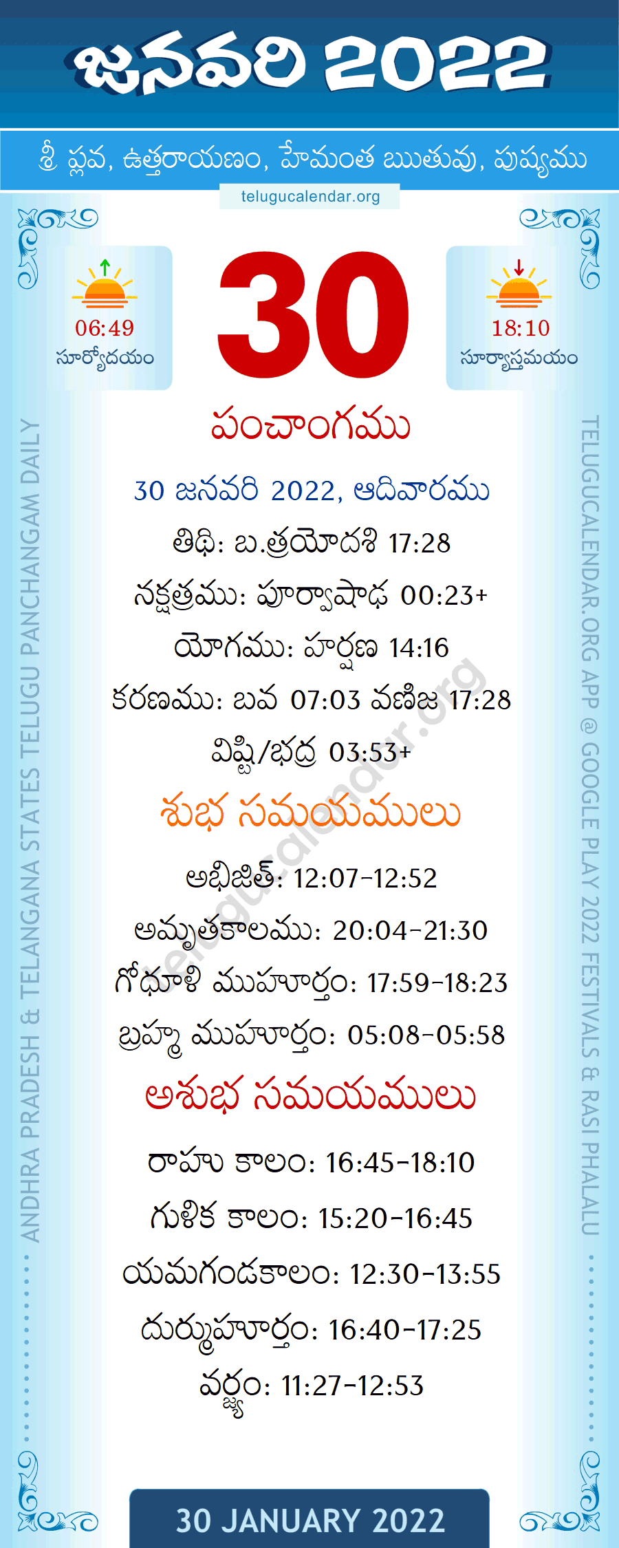 30 January 2022 Panchangam in Telugu