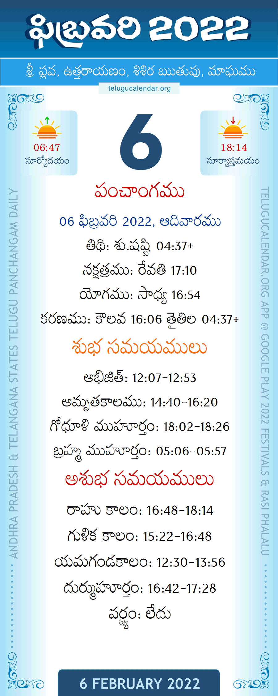 6 February 2022 Panchangam in Telugu
