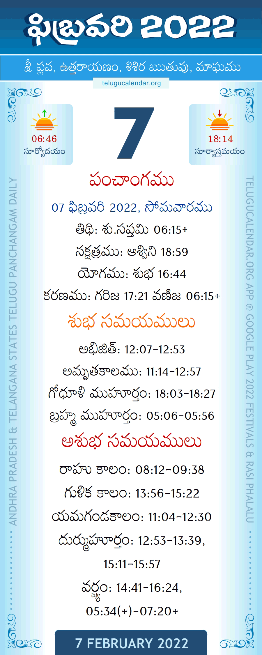 7 February 2022 Panchangam in Telugu