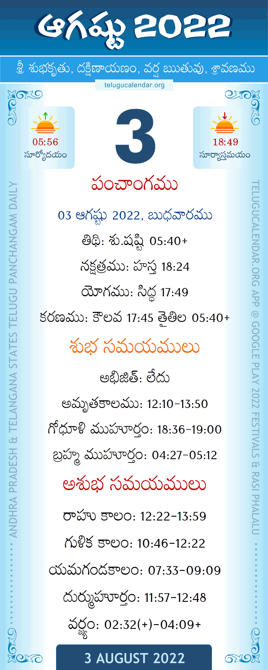 3 August 2022 Panchangam in Telugu